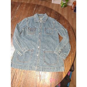 Small Size 4 Chicos Size 0 Long Sleeve Button Front Denim Blue Jean Jacket